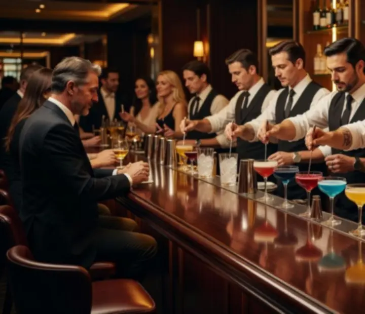 Bártender signature koktélt készít a Discover Clubhub bárpultjánál, sötét, elegáns hangulatú térben.