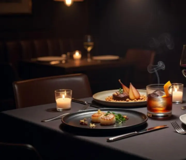 Prémium borok és koktélok gourmet fogásokkal párosítva egy elegáns éttermi asztalon