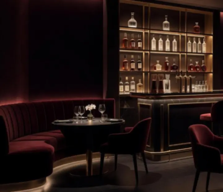 Elegáns, sötét tónusú budapesti lounge bár belső tér meleg fényekkel