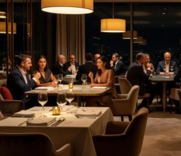 Elegáns budapesti étterem és lounge hangulatú társasági klub belső tere, meghitt fényekkel és terített asztalokkal.