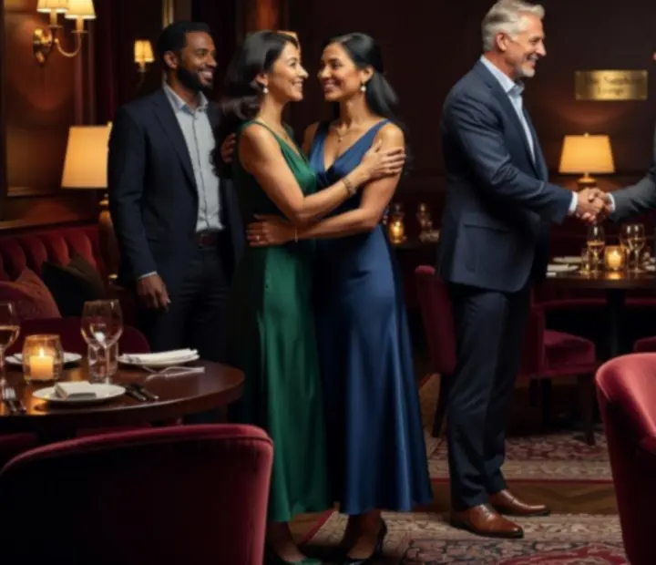 Elegánsan, smart casual öltözetben érkező vendégek egy sötét, hangulatos budapesti lounge térben.
