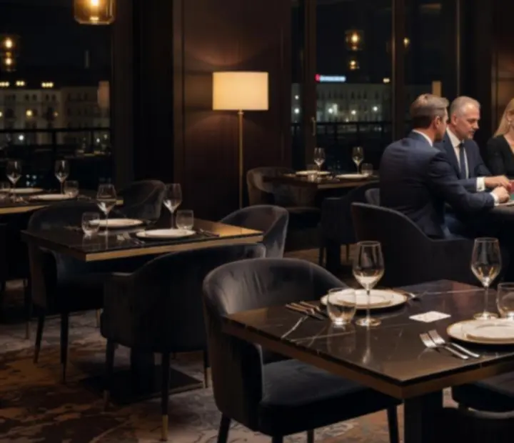 Hangulatos, sötét tónusú budapesti éttermi lounge részlet, háttérben diszkréten megvilágított pókerasztallal.