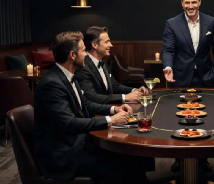 Professzionális házigazda egy elegáns, megvilágított pókerasztal mellett a budapesti étterem lounge részében.