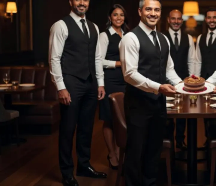 Mosolygós éttermi csapat elegáns szerviz közben