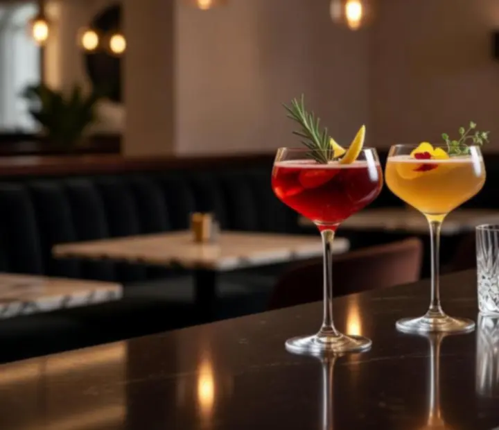 Signature koktélok elegánsan tálalva egy budapesti lounge bár pultján