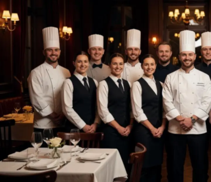 A Discover Clubhub elegáns éttermének és társasági klubjának csapata közös csoportképen a budapesti éjszaka hangulatában.