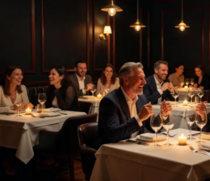 Elegánsan megterített asztal a Discover Clubhub sötét, hangulatos éttermi terében